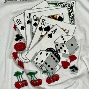 White Graphic Tee with Playing Cards and Dice Grand Victoria Casino Hand Painted